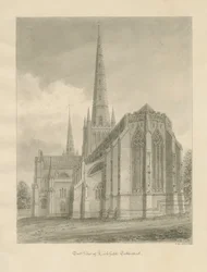 Lichfield Cathedral - East View: sepiateckning, 1838