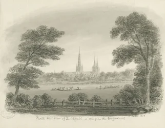 Lichfield Cathedral - North West View (avlägsen): sepiateckning