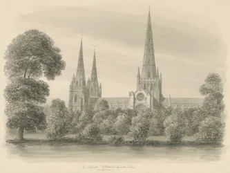 Lichfield Cathedral - South View: sepiateckning