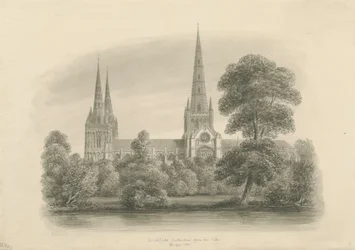 Lichfield Cathedral - South View: sepiateckning, 1841