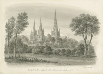 Lichfield Cathedral - South West View: sepiateckning