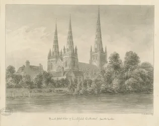 Lichfield Cathedral - South West View: sepiateckning