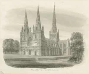 Lichfield Cathedral - South West View: sepiateckning