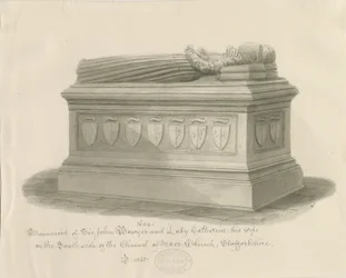Maer Church - Monument till Sir John Bowyer och Lady Catherine: sepiatvättteckning, 1843