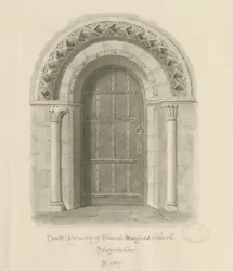 Mayfield Church - South Doorway: sepiatvättteckning, 1839
