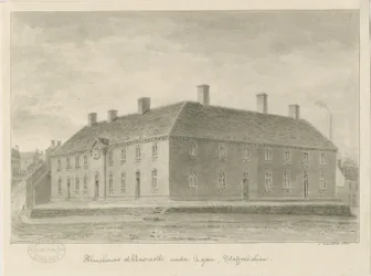 Newcastle-under-Lyme - Almshouses: sepiateckning, 1840