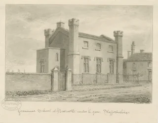 Newcastle-under-Lyme - Grammar School: sepiatvättteckning, 1840