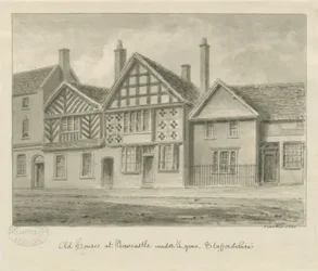 Newcastle-under-Lyme - Gamla hus: sepiateckning, 1840
