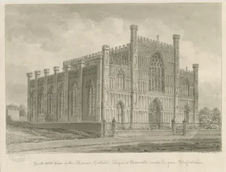Newcastle-under-Lyme - Romersk-katolska kapellet: sepiatvättteckning, 1840