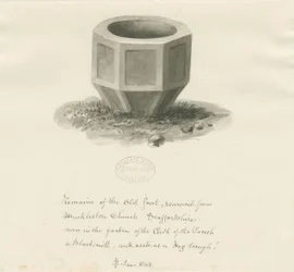 Gammal typsnitt från Mucklestone Church: sepiatvättteckning, juni 1843 (ritning)