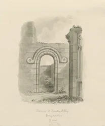 Ranton Abbey [Priory] - Rester av en dörröppning: sepiateckning