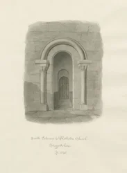 Rolleston Church - Södra ingången: sepiateckning