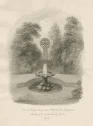 Rolleston Hall - Forntida kors: sepiateckning, 1848