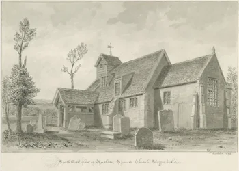 Rushton Spencer Church: sepiatvättteckning, 1844