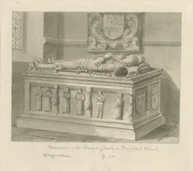 Seighford Church - Tomb of William and Mercy Bowyer: sepiatvättteckning, 1842