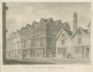 Stafford - Ancient "High House": sepiateckning, 1841