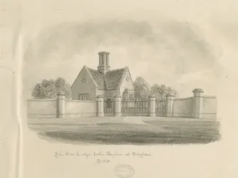 Stafford - New Lodge to the Asylum: sepiateckning, 1843