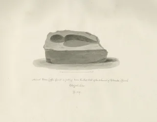 Standon Church: Forntida stenkista: sepiateckning, 1847