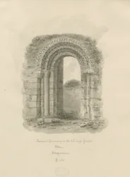 Sten - Forntida dörröppning i Vicarage Garden: sepiateckning, 1841