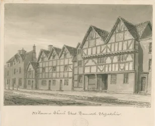 Tamworth - Old Houses in Church Street: sepiatvättteckning, 1838