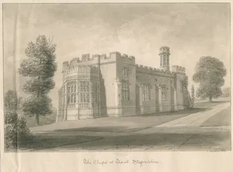 Tixall - Kapell i Tixall Hall: sepiatvättteckning