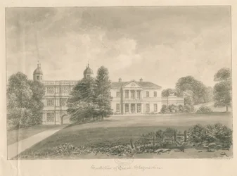 Tixall Hall and Gatehouse: sepiatvättteckning, 1842