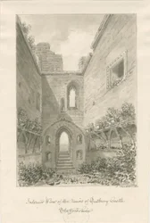 Tutbury Castle - Ruinernas inre: sepiatvättteckning