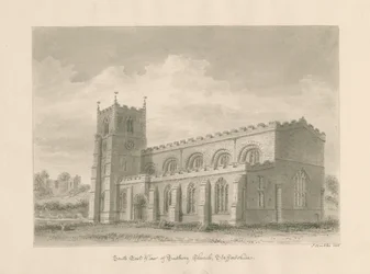 Tutbury Priory Church: sepiatvättteckning, 1812