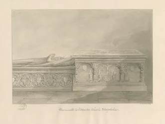 Uttoxeter Church - Tombs av Thomas Kinnersley och en kvinna: sepia tvätt ritning
