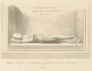 Weston-under-Lizard Church - Effigy of Sir Hamo de Weston: sepiatvättteckning, 1842