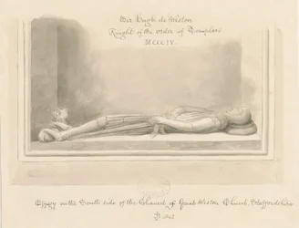 Weston-under-Lizard Church - Effigy of Sir Hugh de Weston: sepiateckning, 1842