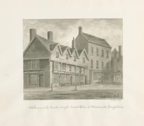 Wolverhampton - Gamla hus på södra sidan av marknadsplatsen: sepiateckning, 1847