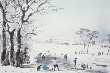 Vy över Buckingham House och St James Park på vintern, pub. av R. Havell und Sons, 1810