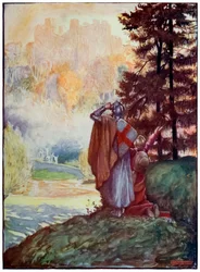 Kristna och hoppfulla kommer i sikte av den himmelska staden från The Pilgrims Progress From This World, To That What Is To Come av John Bunyan (1628-1688) Illustration av Byam Shaw (1872-1919)