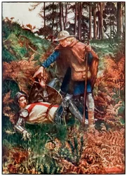 Faithful hjälper Christian upp efter hans fall från The Pilgrims Progress From This World, To That What Is To Come av John Bunyan (1628-1688) Illustration av Byam Shaw (1872-1919) som visar kristen varelse