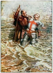 Hopeful hjälper Christian att korsa floden från The Pilgrims Progress From This World, To That What Is To Come av John Bunyan (1628-1688) Illustration av Byam Shaw (1872-1919), pilgrimerna korsar