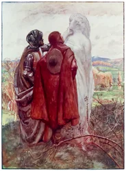 Massor fru från The Pilgrims Progress From This World, To That What Is To Come av John Bunyan (1628-1688) Illustration av Byam Shaw (1872-1919), Christian och Hopeful hittar en staty av salt vid sidan av