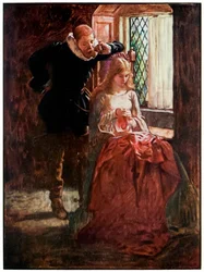 Mr Brisk and Mercy from The Pilgrims Progress From This World, To That Who Is To Come av John Bunyan (1628-1688) Illustration av Byam Shaw (1872-1919), Mr Brisk uppvaktar nåd tills han upptäcker henne i