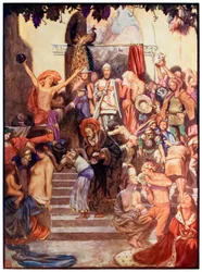 Vanity Fair från The Pilgrims Progress From This World, To That What Is To Come av John Bunyan (1628-1688) Illustration av Byam Shaw (1872-1919) som visar kristna och trogna när de kommer in i staden Va