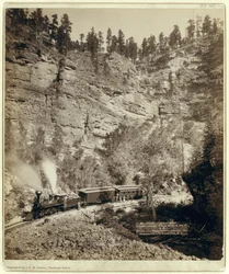 Tåg går genom Elk Canyon (s/v foto)