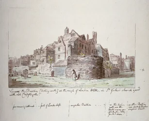 Bastion i vinkeln mot Londonmuren, St Giles utan Cripplegate kyrkogård, City of London, 1779