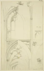 Detaljer om Clerestory Window Tracery och Vaulting of the Aisle nedan, i St Mary Redcliffe (penna och akvarell på papper)
