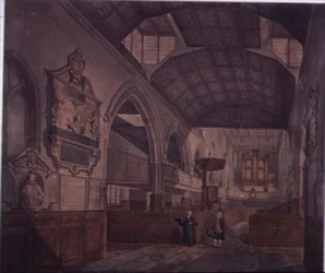 Interiör av kyrkan St. Giles, Cripplegate, mot väster, med Constance Whitneys monument.