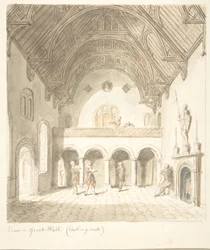 Lea Castle, Worcestershire, Utsikt i stora salen, tittar västerut, ca. 1816.