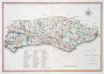 Karta över Sussex, 26 mars 1805 (handfärgad gravyr)