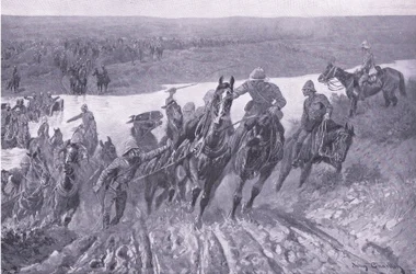 Artilleri som forsar kaledonen vid Kareepoort Drift, illustration från After Pretoria: The Guerilla War, 1902