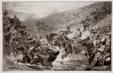 The Dash for Kimberley - The 10th Hussars Crossing Klip Drift, efter en sketch av G.D. Giles (fl.1890)