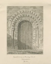 Armitage Church - South Doorway: sepiateckning, 1823