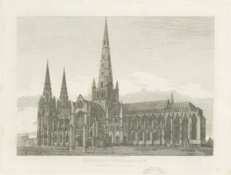 Lichfield Cathedral - South East View: gravyr, och [c 1820] (tryck)