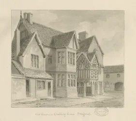 Stafford - Old Houses in Crabbery Lane: sepiateckning, 1841